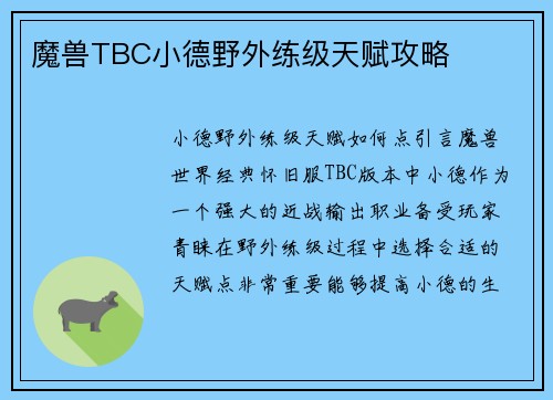 魔兽TBC小德野外练级天赋攻略