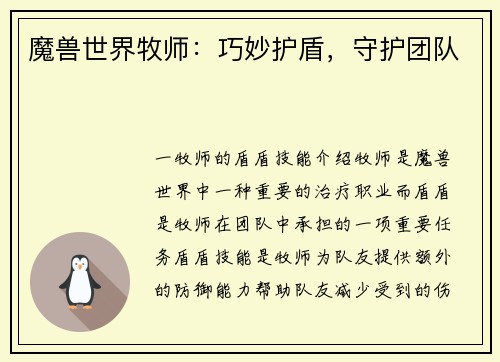 魔兽世界牧师：巧妙护盾，守护团队